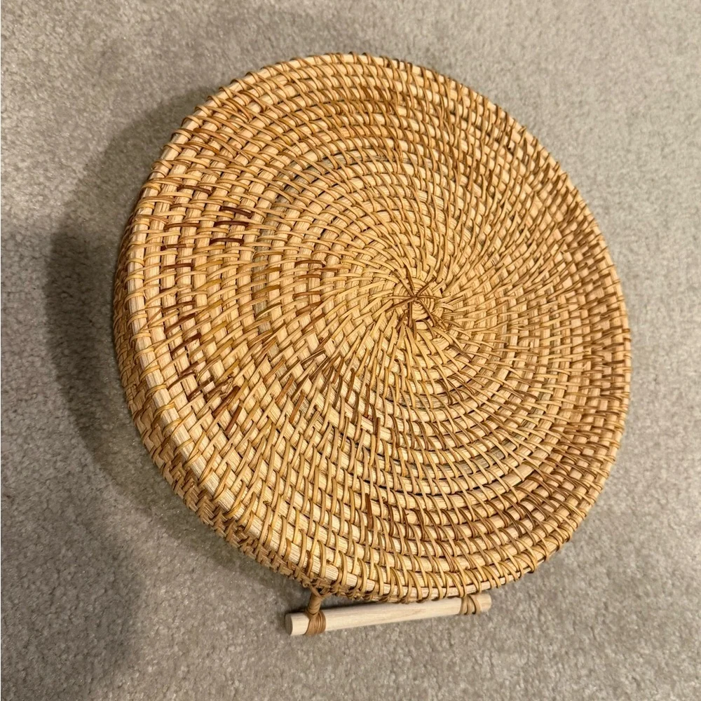 Round Woven Rattan Serving Tray with Wood Handles - Picture 2 of 2
